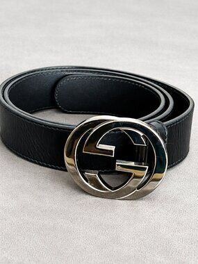 Authentic Gucci Black Leather Belt with Silver Buckle Size 85mm (34 inches)